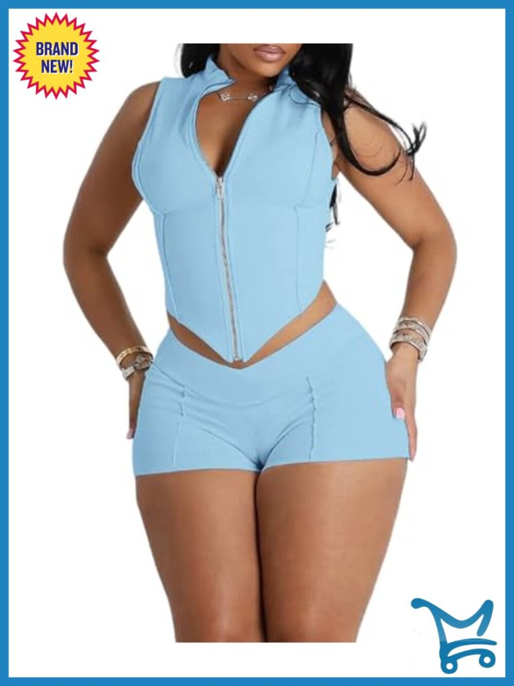 Women 2 Piece Zip Crop Top and Shorts Set Club Outfit Polyester